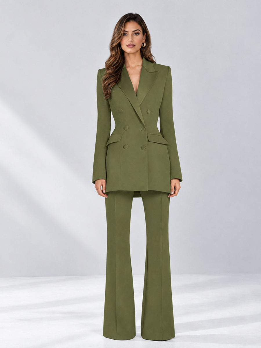 Olive Green 2 Pieces Tailored Fit Notch Lapel Double Breasted Women's Suits