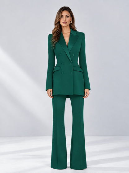 Teal 2 Pieces Tailored Fit Notch Lapel Double Breasted Women's Suits