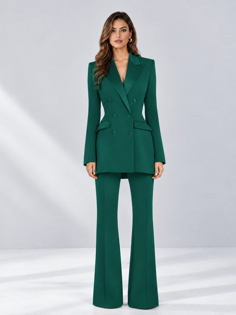 Teal 2 Pieces Tailored Fit Notch Lapel Double Breasted Women's Suits