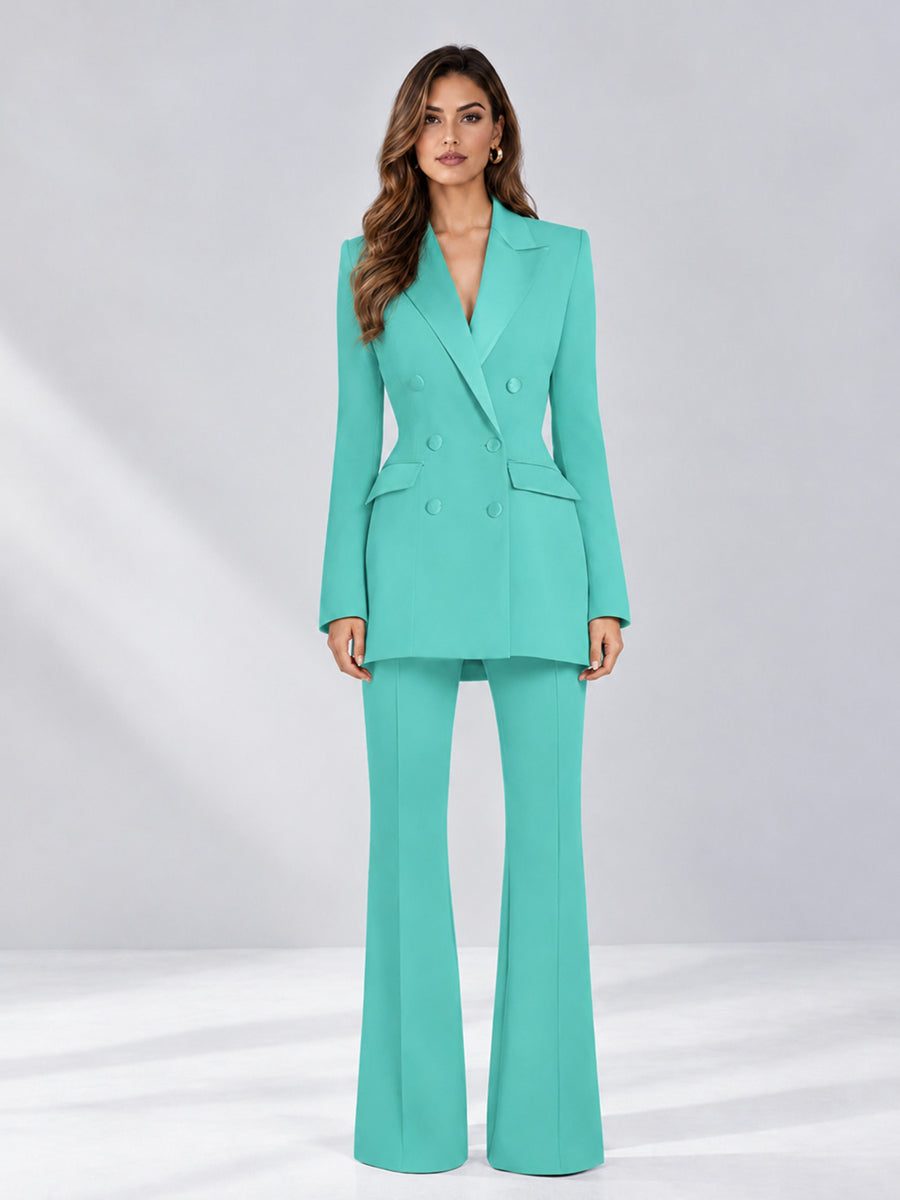 Turquoise 2 Pieces Tailored Fit Notch Lapel Double Breasted Women's Suits