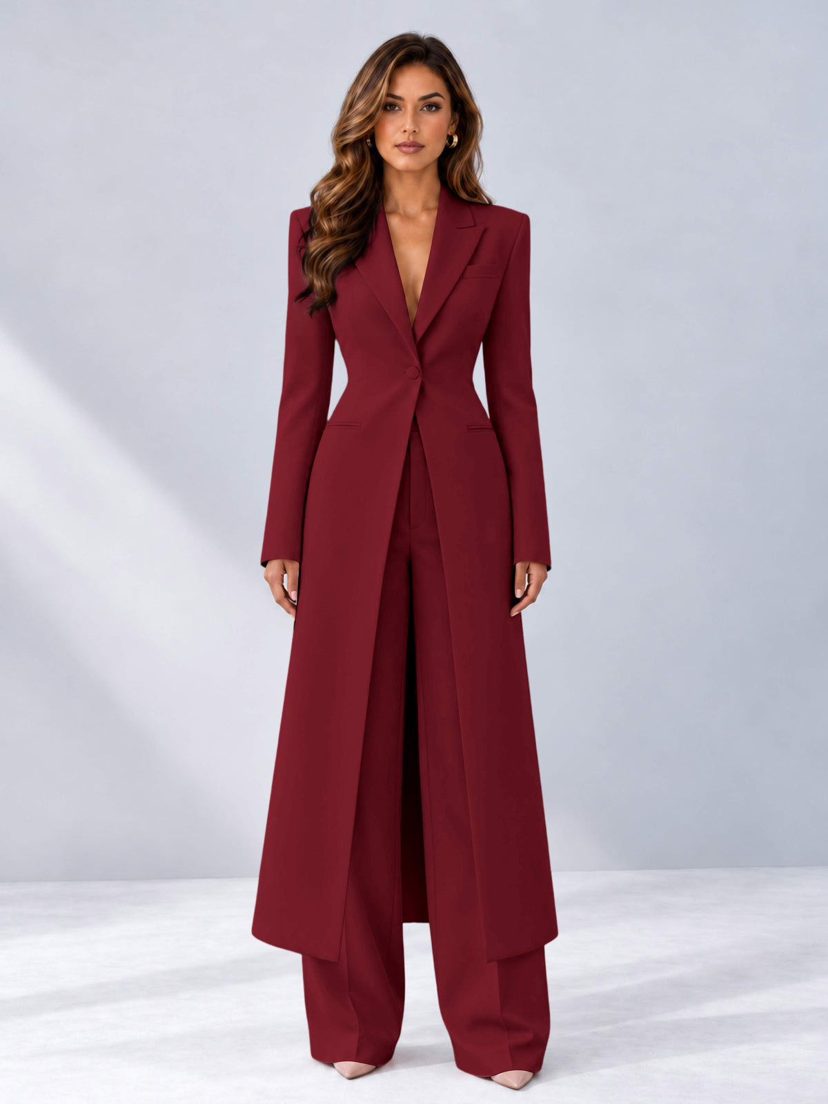 Burgundy 2 Pieces Tailored Fit Notch Lapel One Button Women's Suits