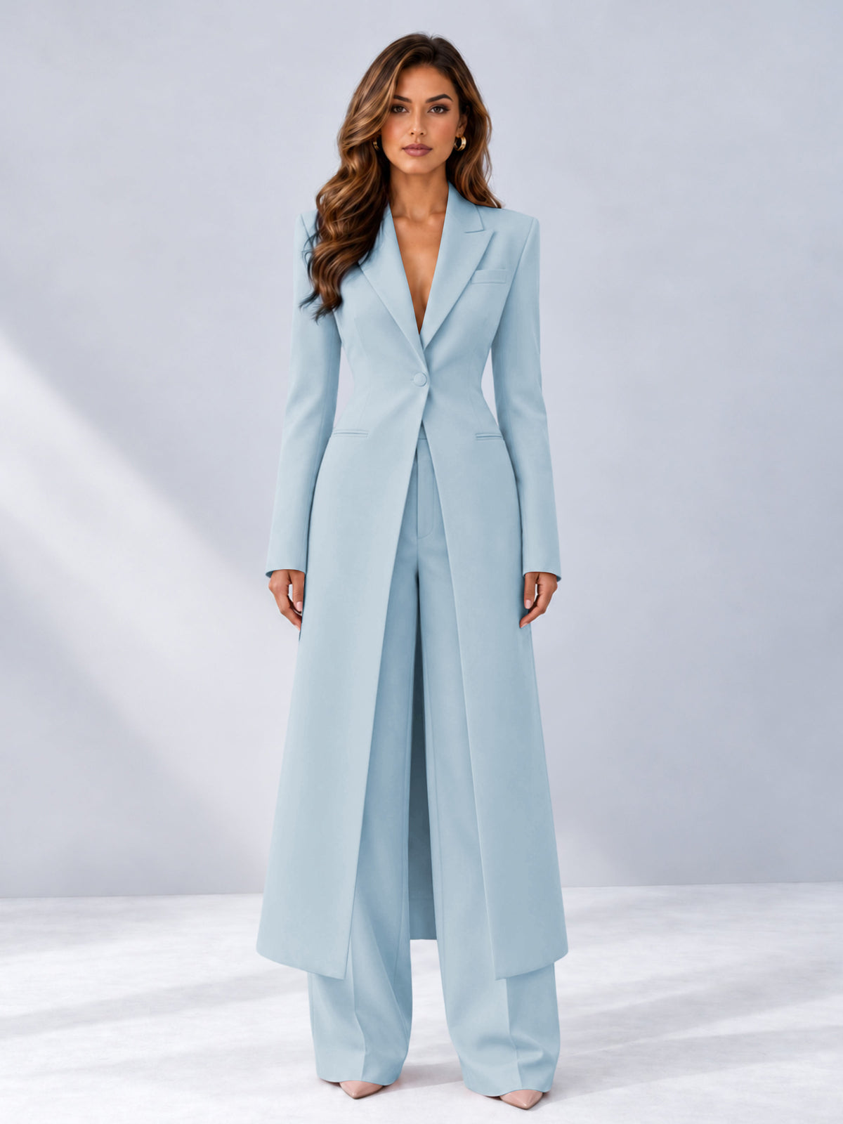 Light Blue 2 Pieces Tailored Fit Notch Lapel One Button Women's Suits