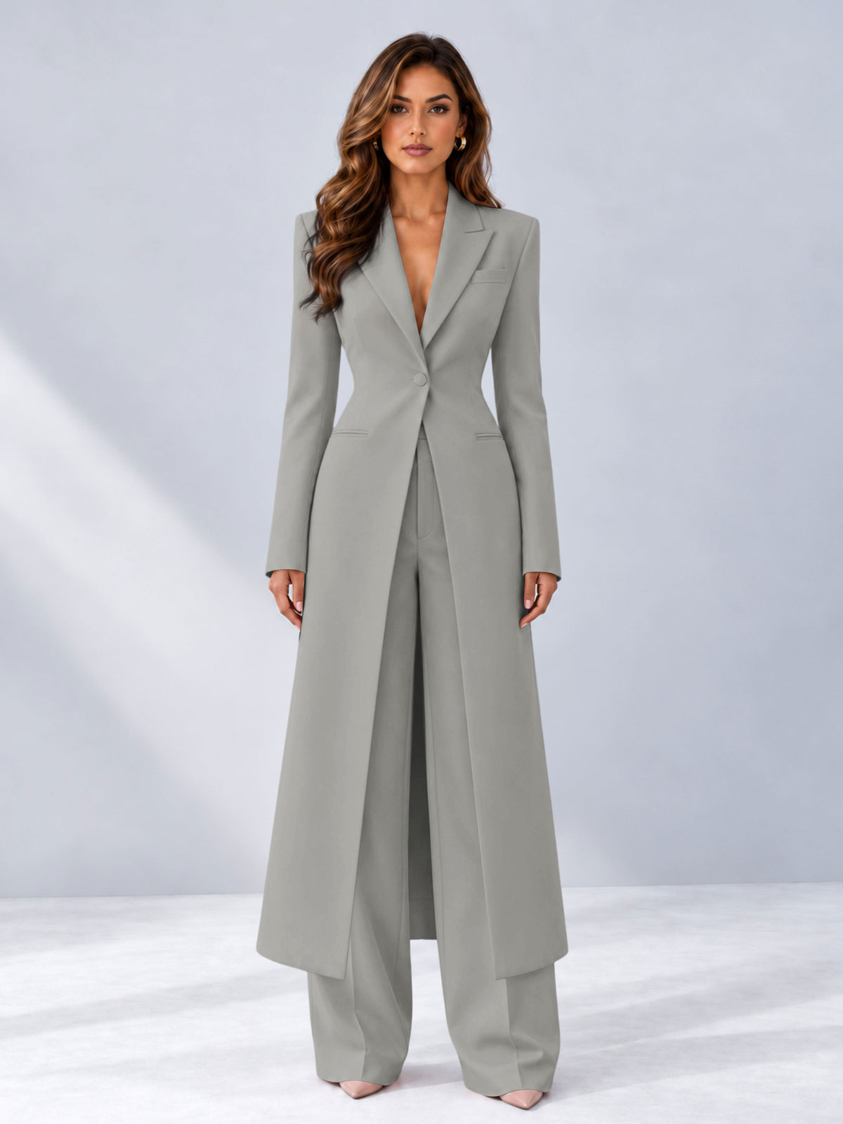 Silver 2 Pieces Tailored Fit Notch Lapel One Button Women's Suits