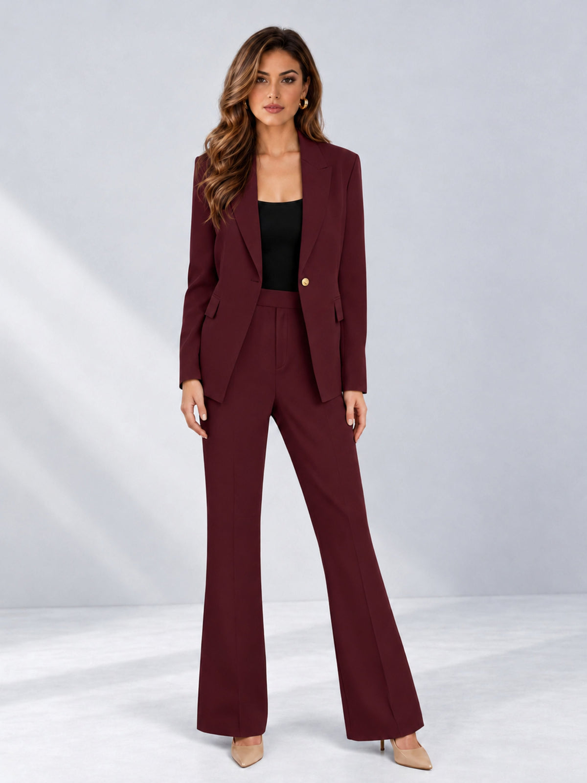 Burgundy 2 Pieces Tailored Fit Notched Lapel One Button Women's Suits 