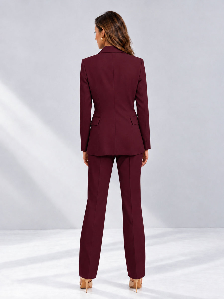 Burgundy 2 Pieces Tailored Fit Notched Lapel One Button Women's Suits 