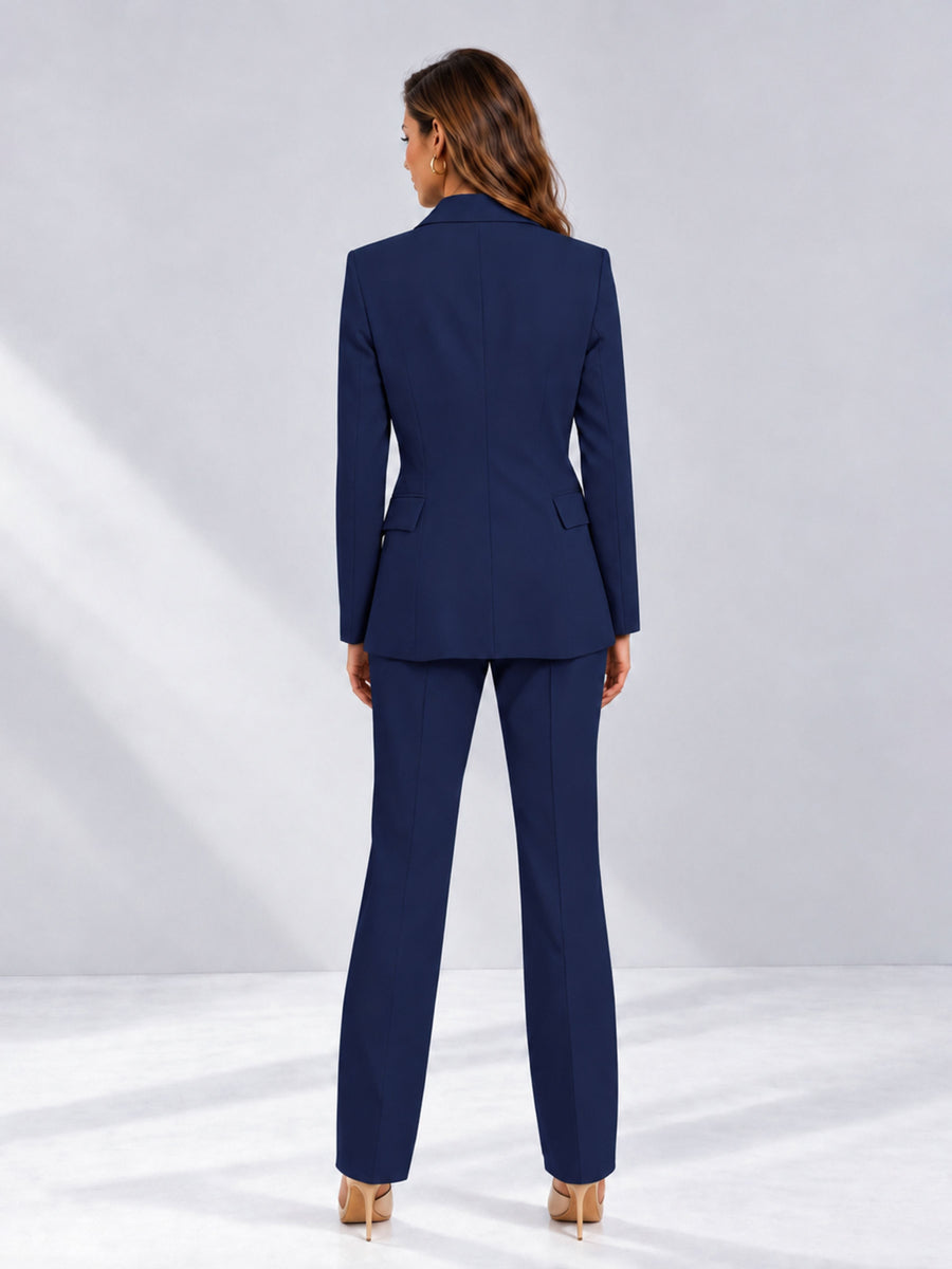 Navy Blue 2 Pieces Tailored Fit Notched Lapel One Button Women's Suits 