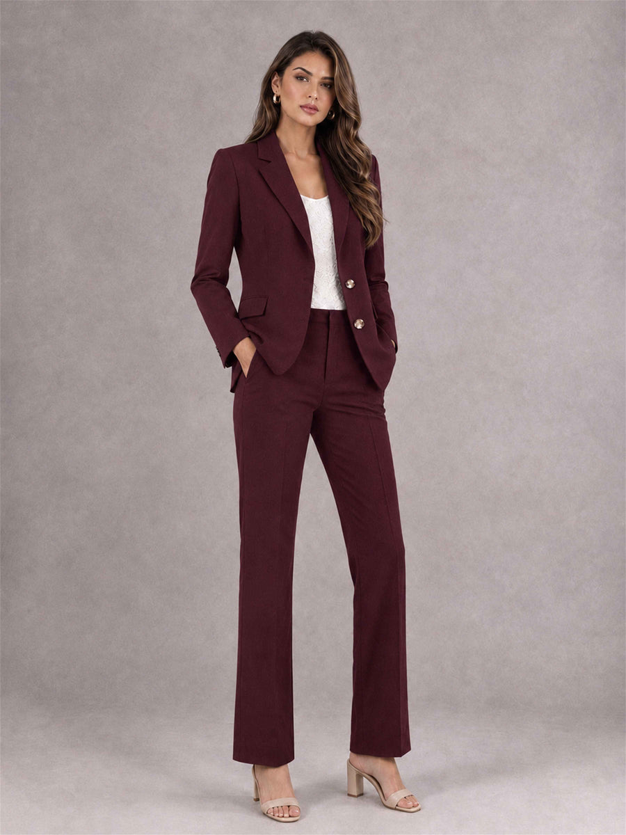 Burgundy 2 Pieces Tailored Fit Notched Lapel Suits Women's Suits