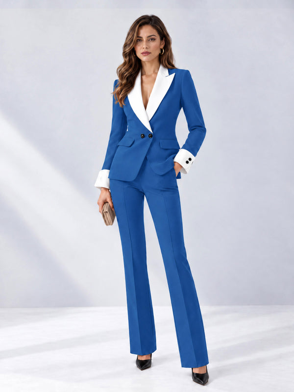 Blue 2 Pieces Tailored Fit Peak Lapel Women's Suits
