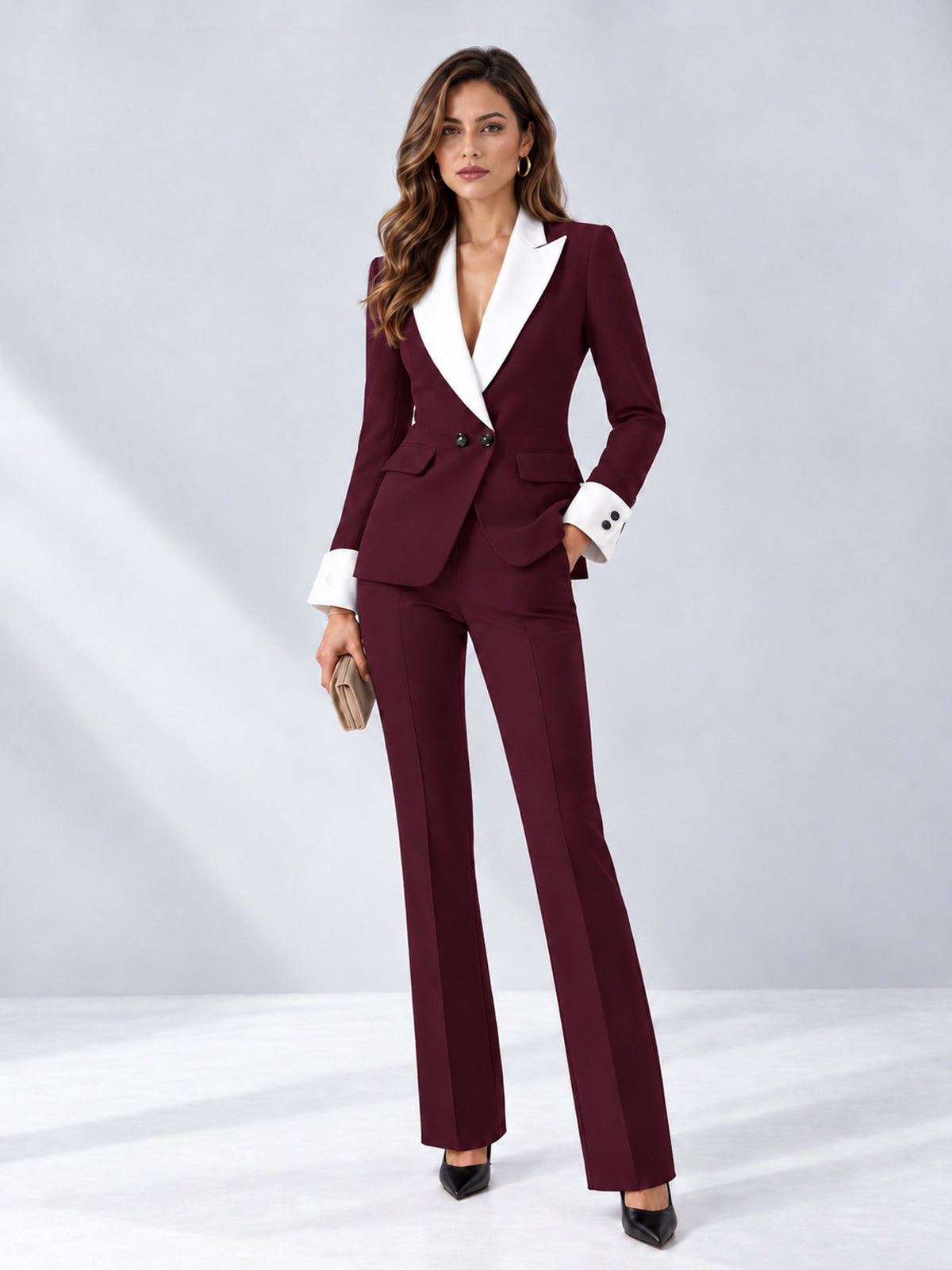 Burgundy 2 Pieces Tailored Fit Peak Lapel Women's Suits