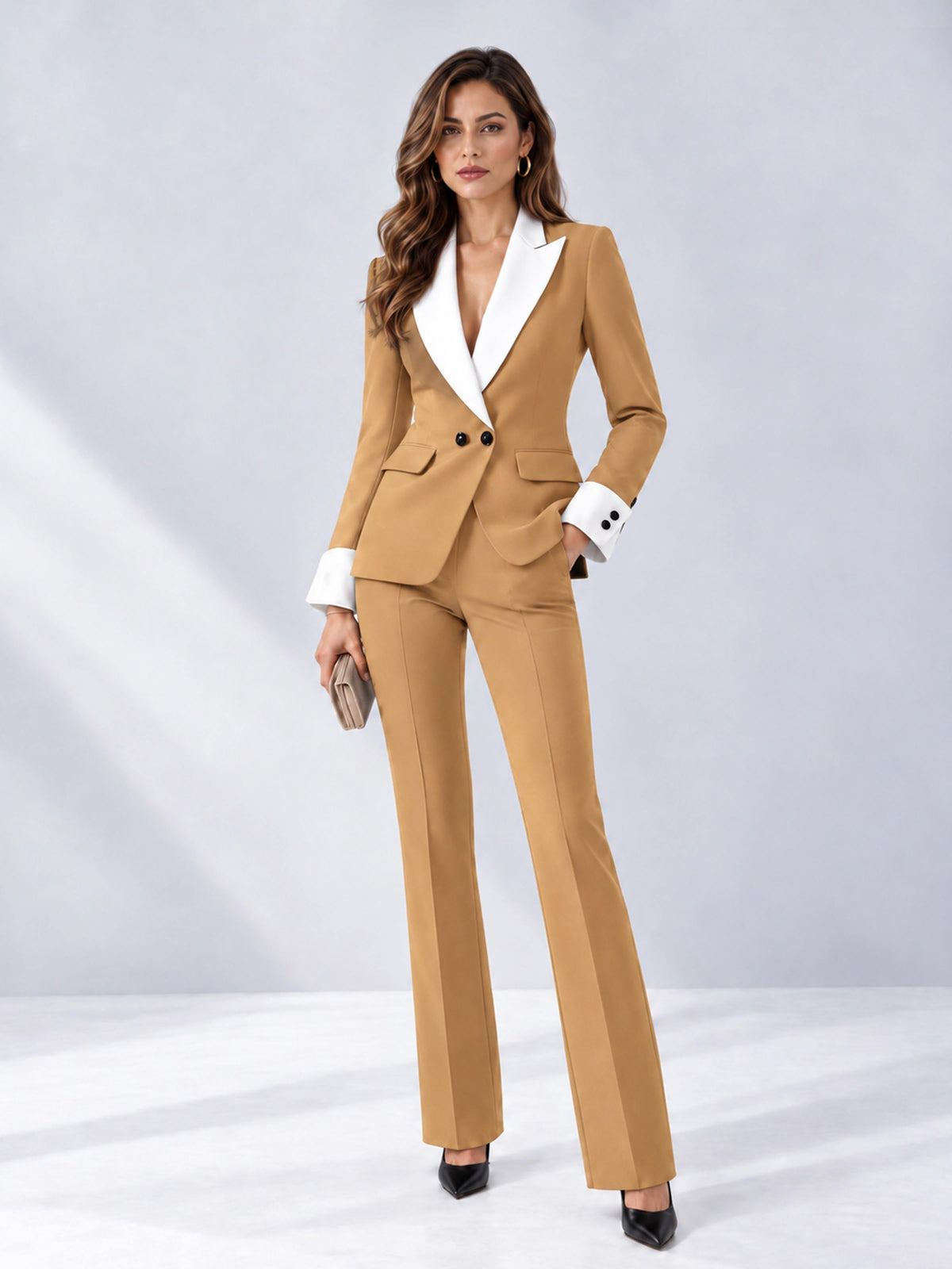 Gold 2 Pieces Tailored Fit Peak Lapel Women's Suits