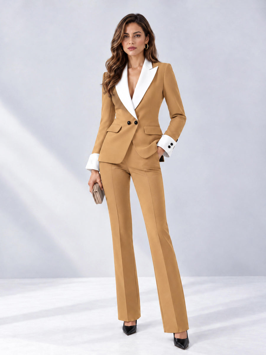 Gold 2 Pieces Tailored Fit Peak Lapel Women's Suits