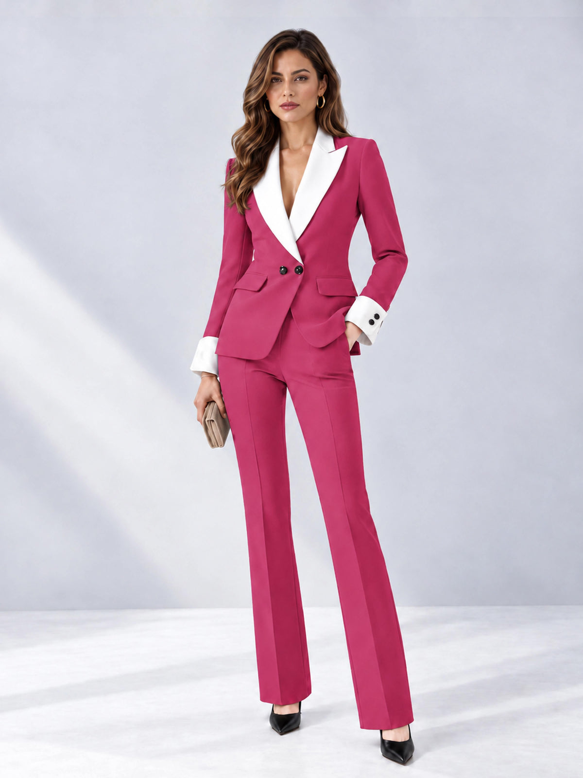 Hot Pink 2 Pieces Tailored Fit Peak Lapel Women's Suits