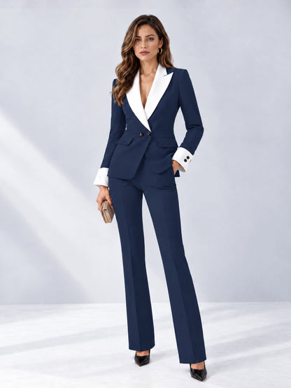 Navy Blue 2 Pieces Tailored Fit Peak Lapel Women's Suits