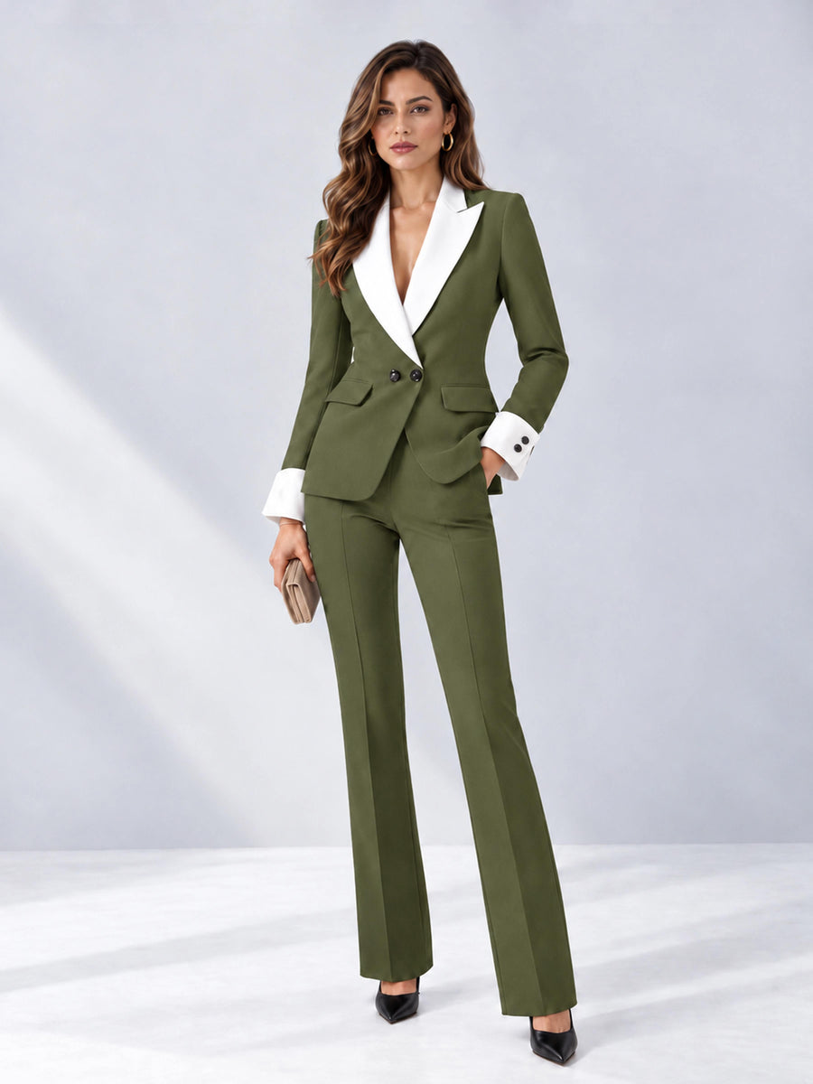 Olive Green 2 Pieces Tailored Fit Peak Lapel Women's Suits