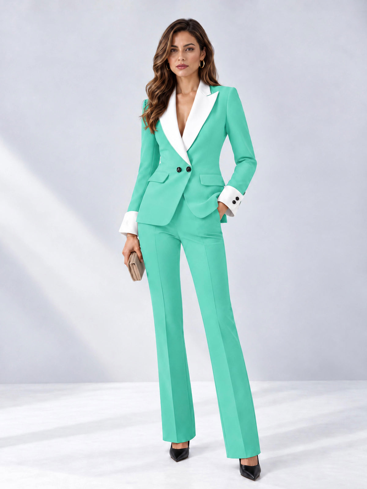 Turquoise 2 Pieces Tailored Fit Peak Lapel Women's Suits
