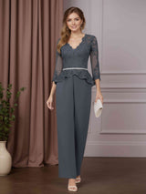 2 Pieces V-Neck 3/4 Length Sleeves Ankle-Length Mother of the Bride Pantsuits with Beads & Lace Appliques