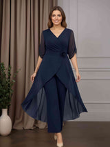 2 Pieces V-Neck Half Sleeves Ankle-Length Plus Size Mother of the Bride Pantsuits with Ruffles & 3D Flower