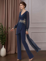 2 Pieces V-Neck Long Sleeves Floor-Length Mother of the Bride Pantsuits with Appliques