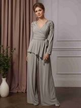 2 Pieces V-Neck Long Sleeves Floor-Length Mother of the Bride Pantsuits with Appliques & Ruffles