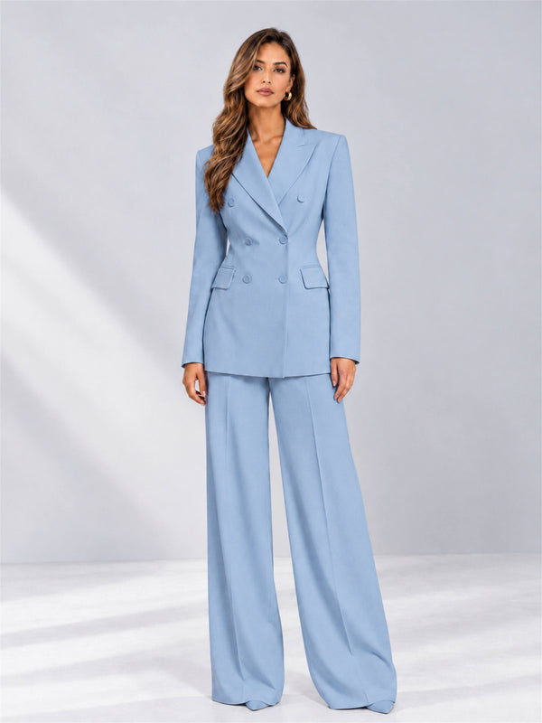 Light Blue 2 Pieces Wide-Leg Double Breasted Peak Lapel Women's Suits