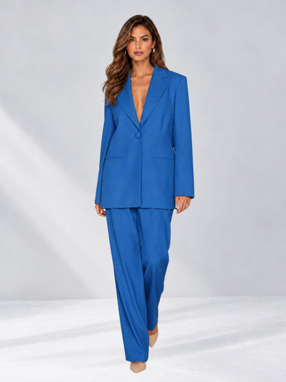 Blue 2 Pieces Wide-Leg Notched Lapel One Button Women's Suits