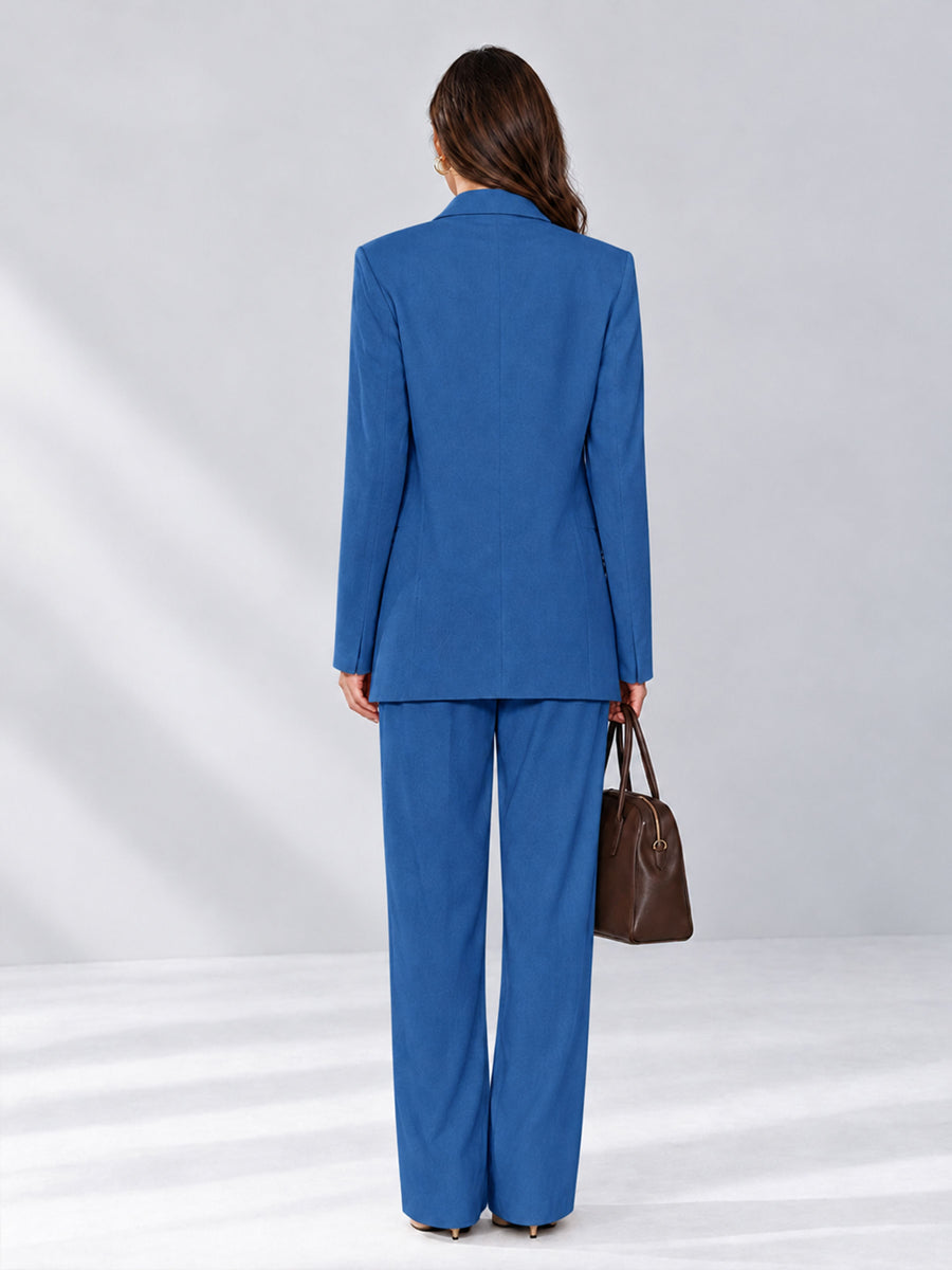 Blue 2 Pieces Wide-Leg Notched Lapel One Button Women's Suits