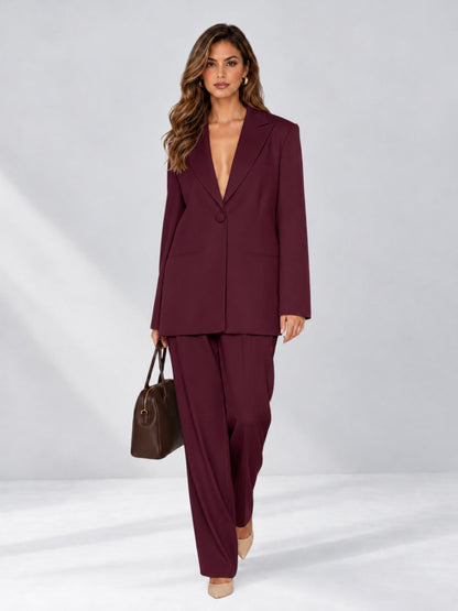 Burgundy 2 Pieces Wide-Leg Notched Lapel One Button Women's Suits