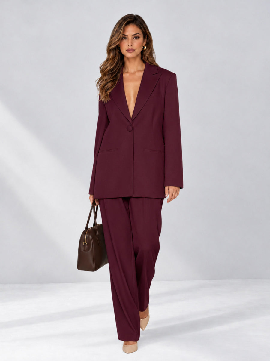 Burgundy 2 Pieces Wide-Leg Notched Lapel One Button Women's Suits