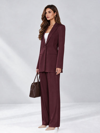 Burgundy 2 Pieces Wide-Leg Notched Lapel One Button Women's Suits