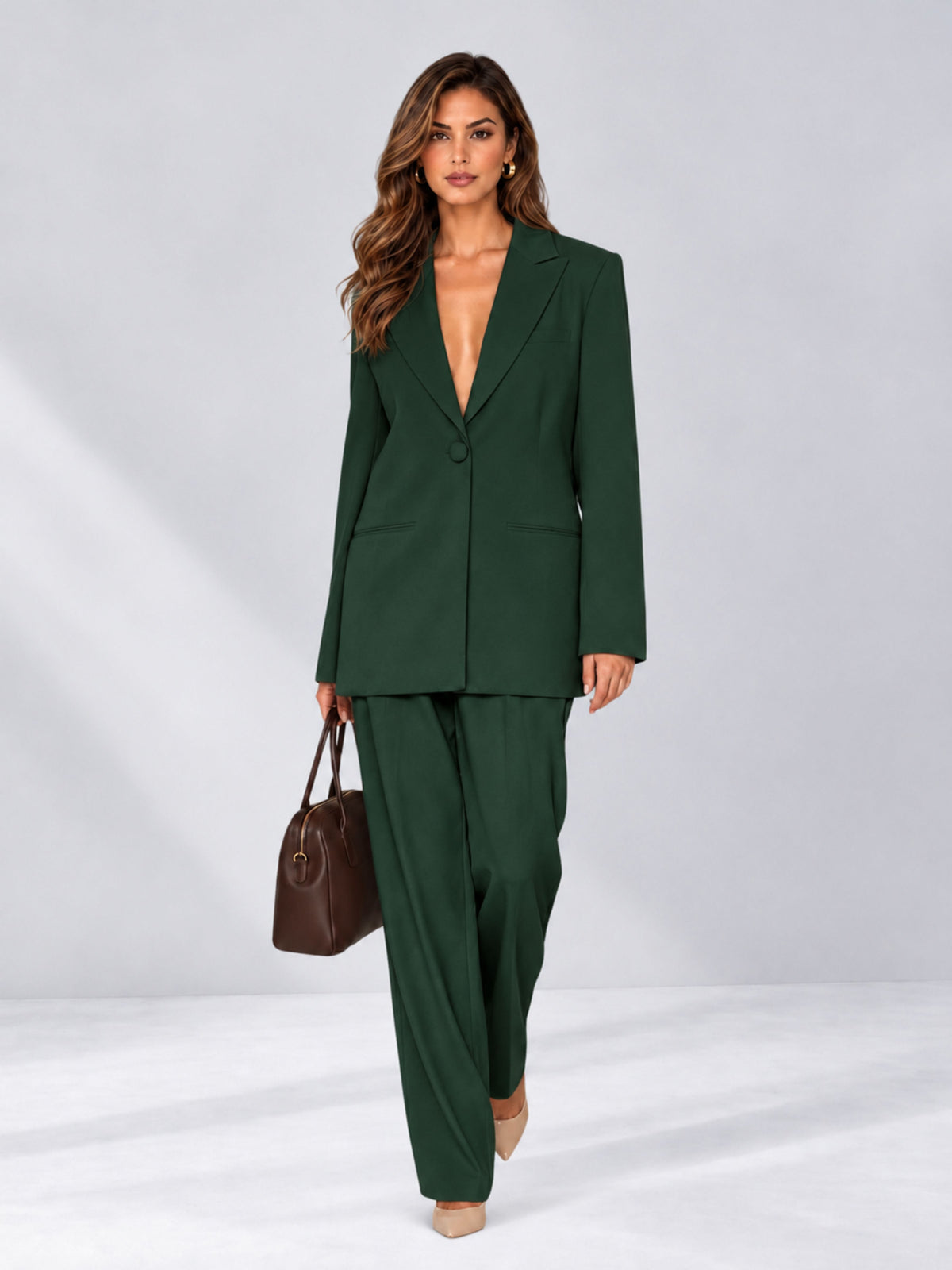 Dark Green 2 Pieces Wide-Leg Notched Lapel One Button Women's Suits