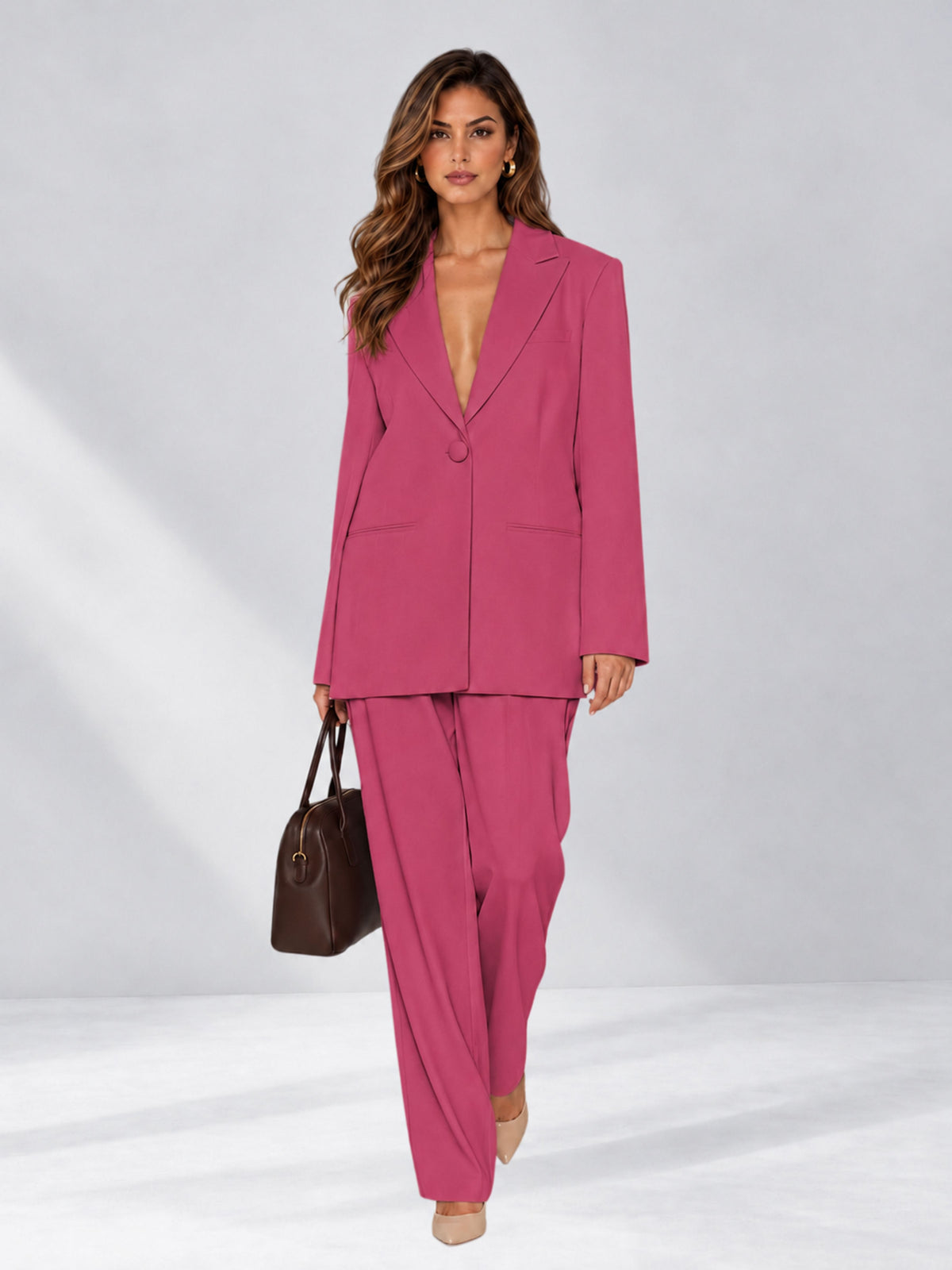 Hot Pink 2 Pieces Wide-Leg Notched Lapel One Button Women's Suits