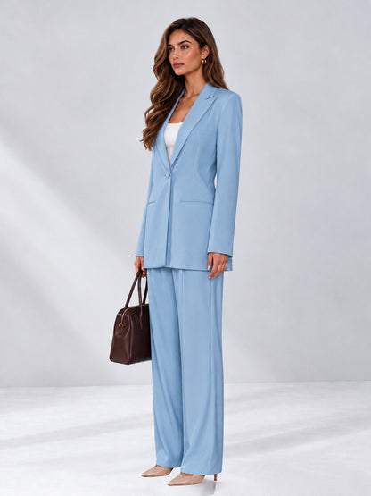 Light Blue 2 Pieces Wide-Leg Notched Lapel One Button Women's Suits