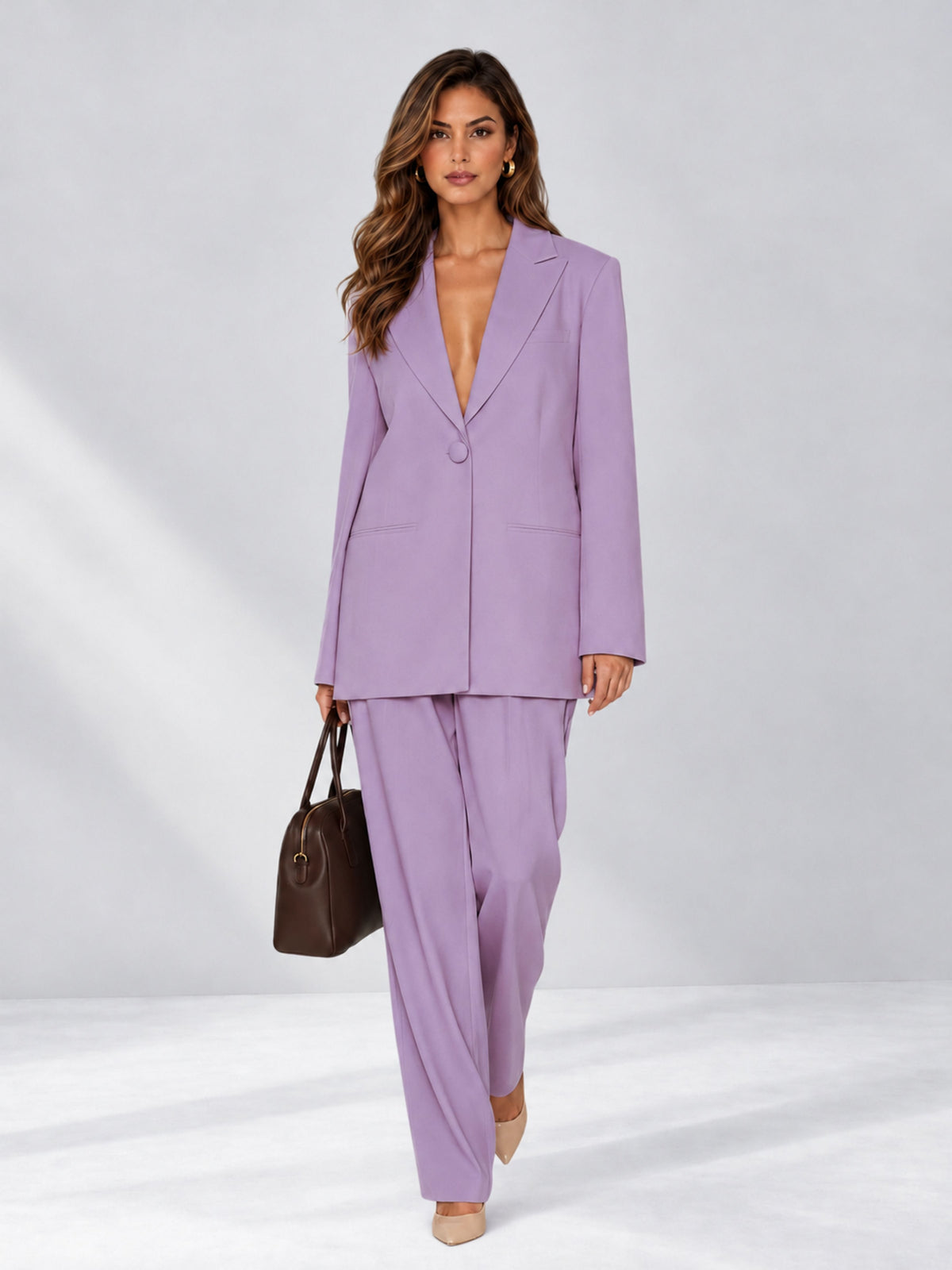 Lilac 2 Pieces Wide-Leg Notched Lapel One Button Women's Suits