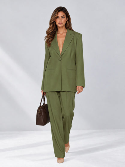 Olive Green 2 Pieces Wide-Leg Notched Lapel One Button Women's Suits