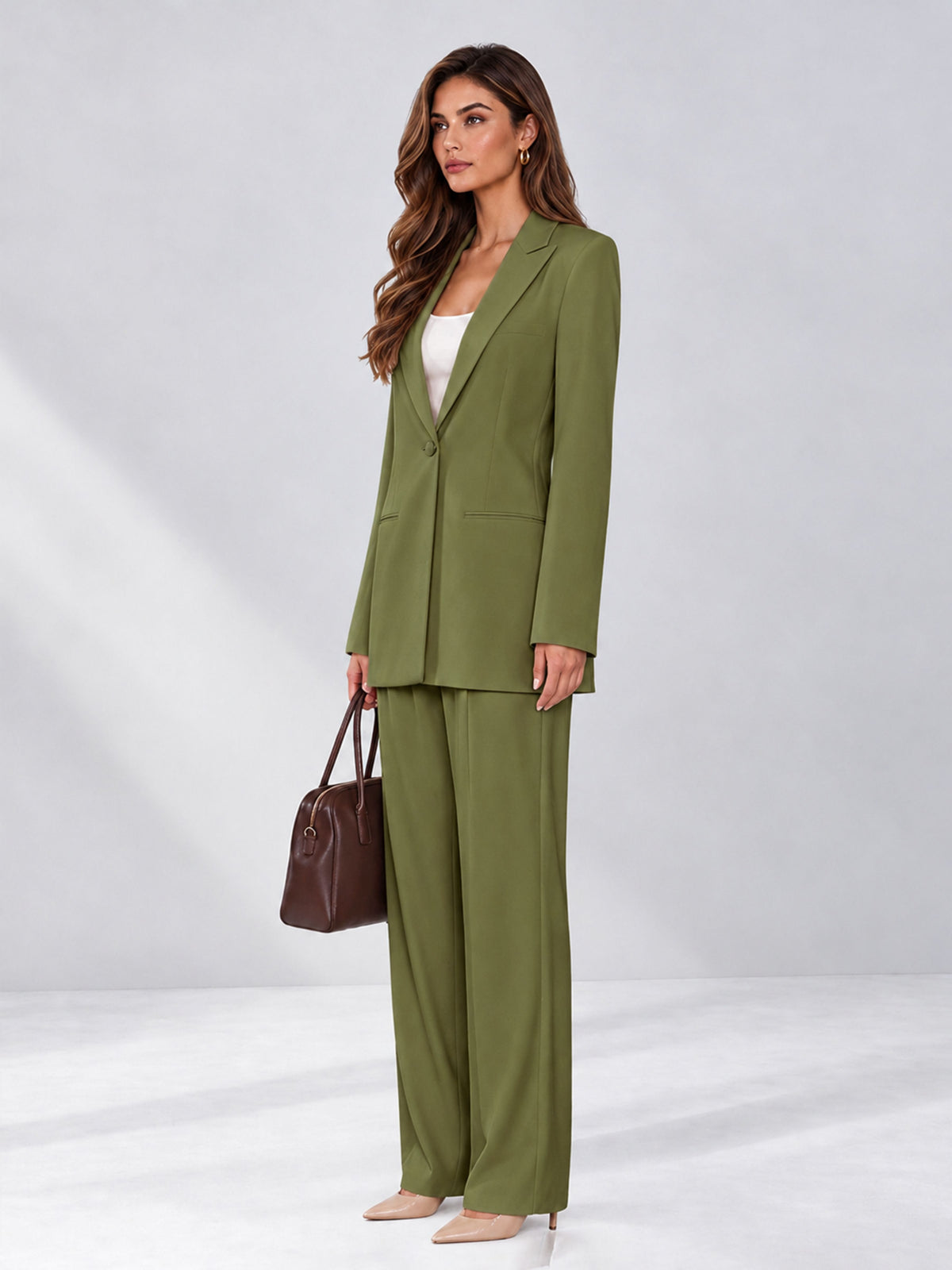 Olive Green 2 Pieces Wide-Leg Notched Lapel One Button Women's Suits