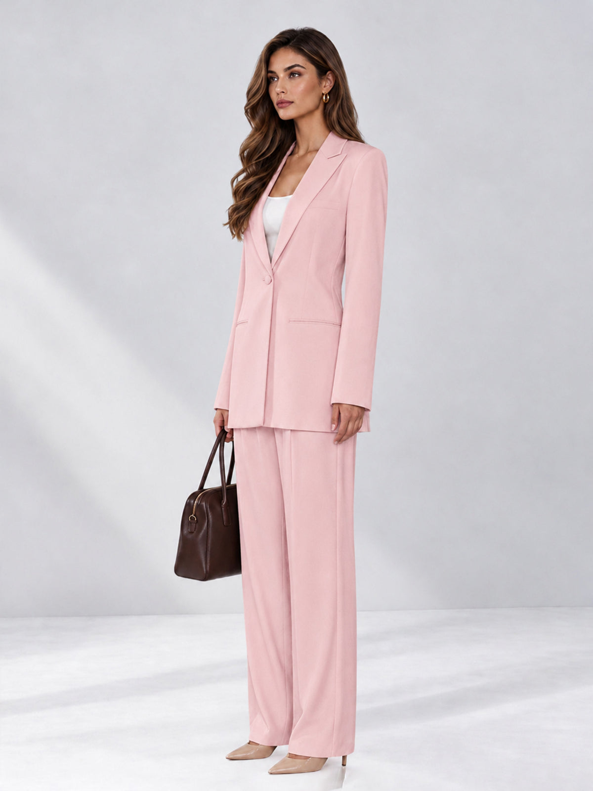 Pink 2 Pieces Wide-Leg Notched Lapel One Button Women's Suits