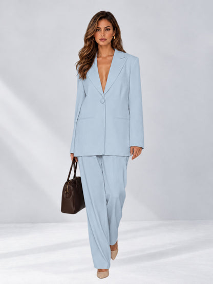 Powder Blue 2 Pieces Wide-Leg Notched Lapel One Button Women's Suits