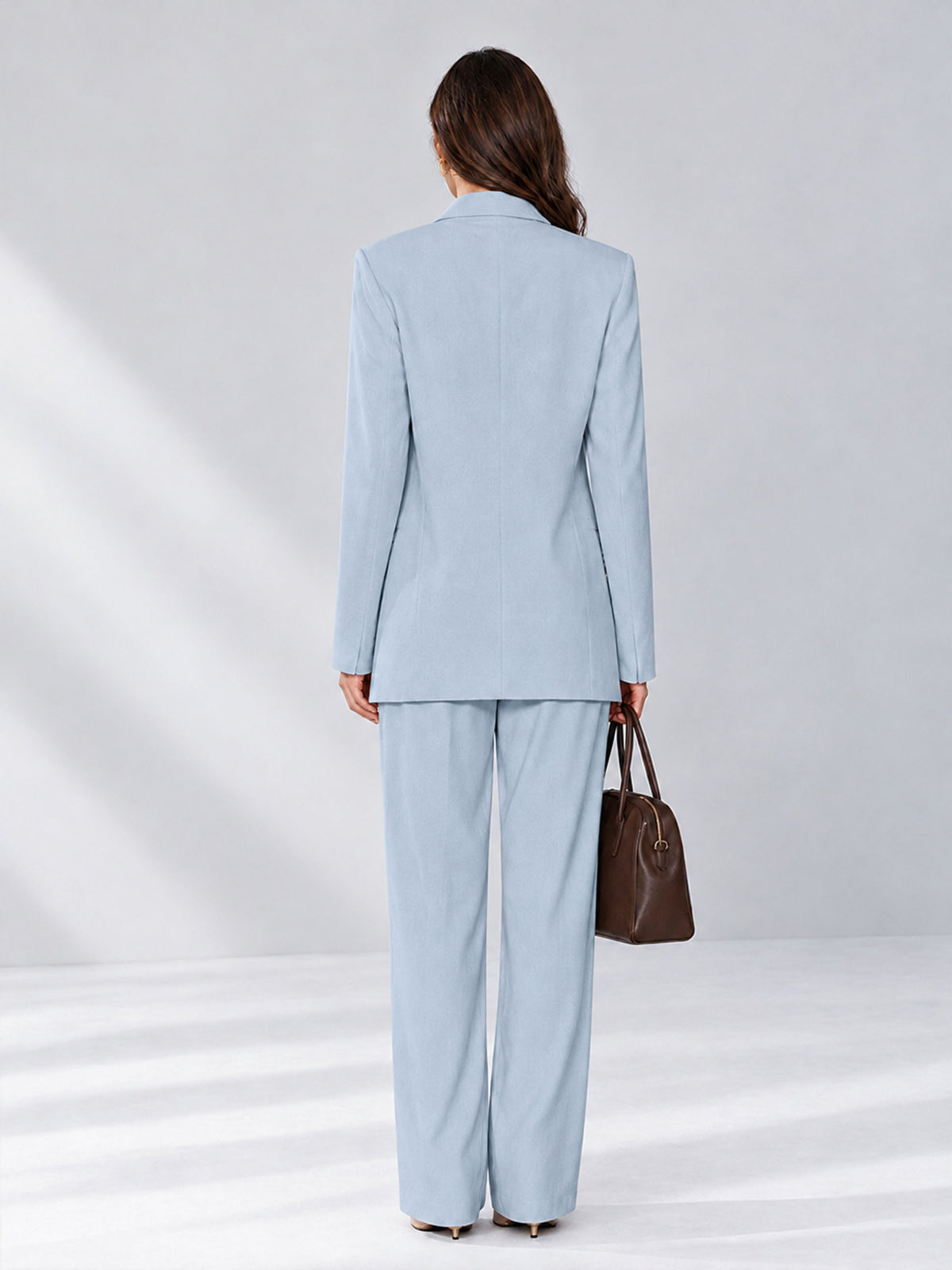 Powder Blue 2 Pieces Wide-Leg Notched Lapel One Button Women's Suits