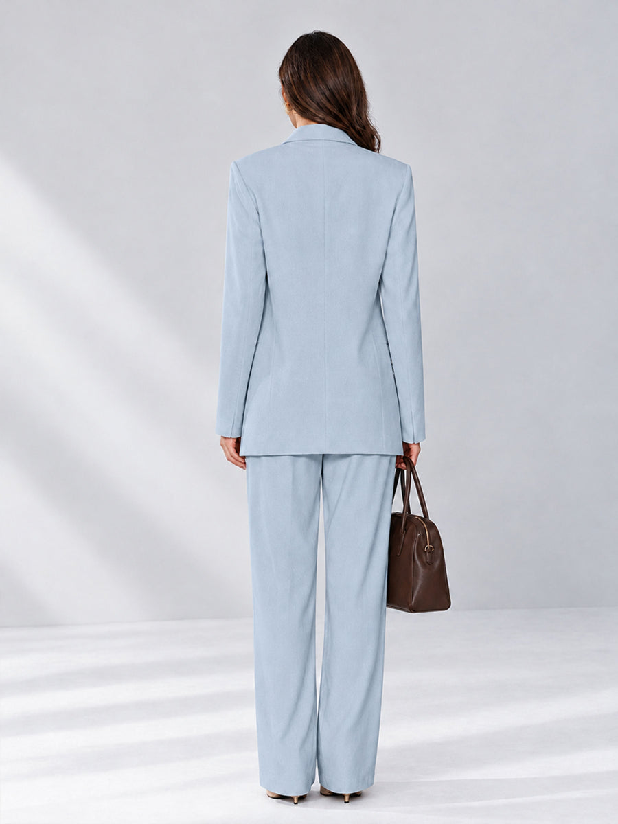 Powder Blue 2 Pieces Wide-Leg Notched Lapel One Button Women's Suits