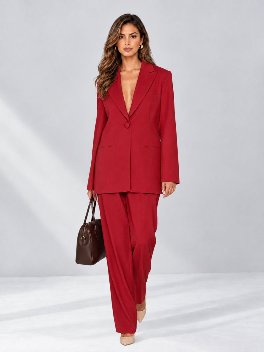 Red 2 Pieces Wide-Leg Notched Lapel One Button Women's Suits