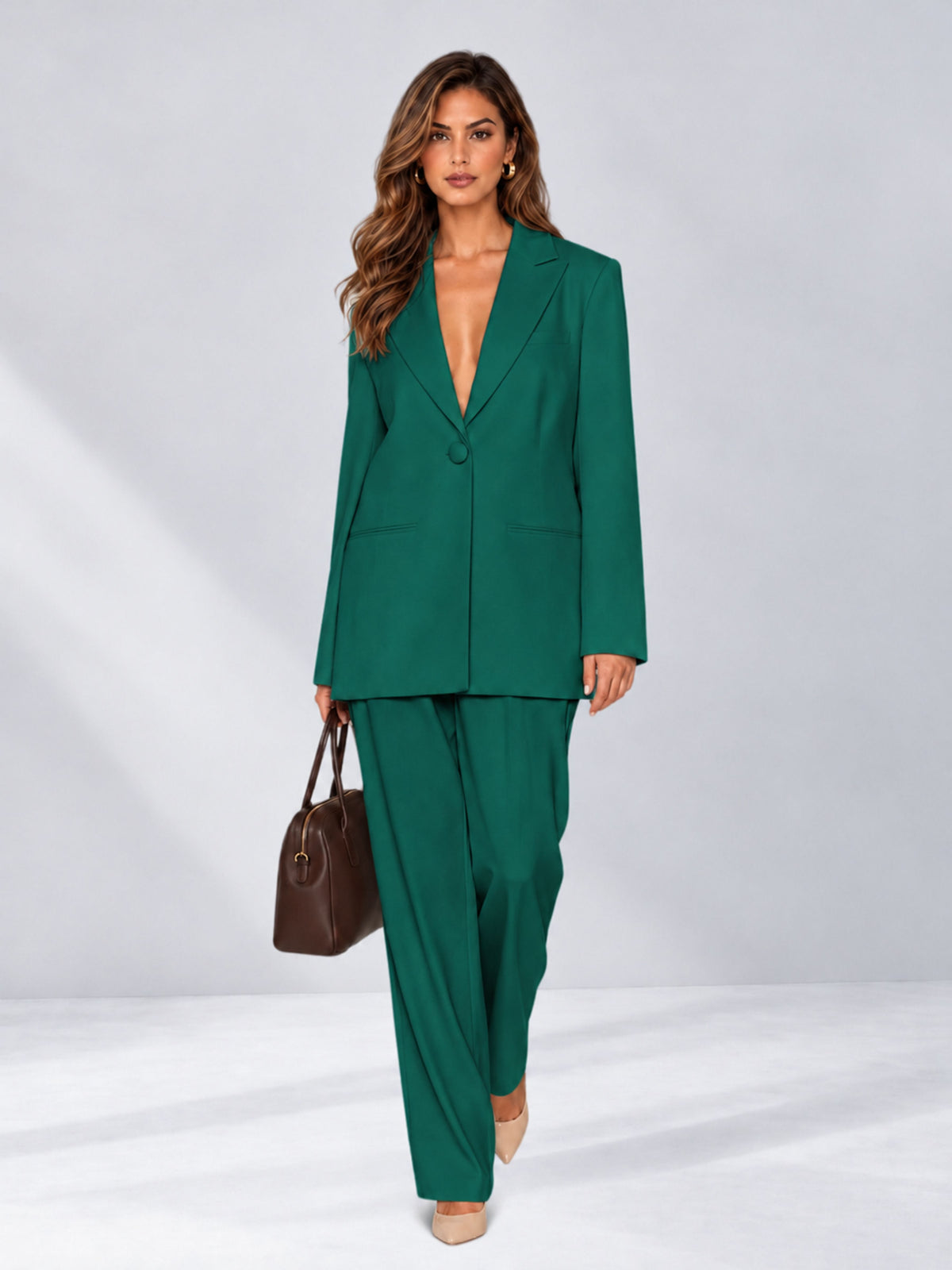 Teal 2 Pieces Wide-Leg Notched Lapel One Button Women's Suits