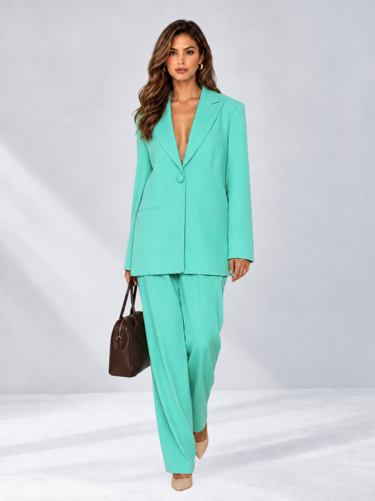 Turquoise 2 Pieces Wide-Leg Notched Lapel One Button Women's Suits