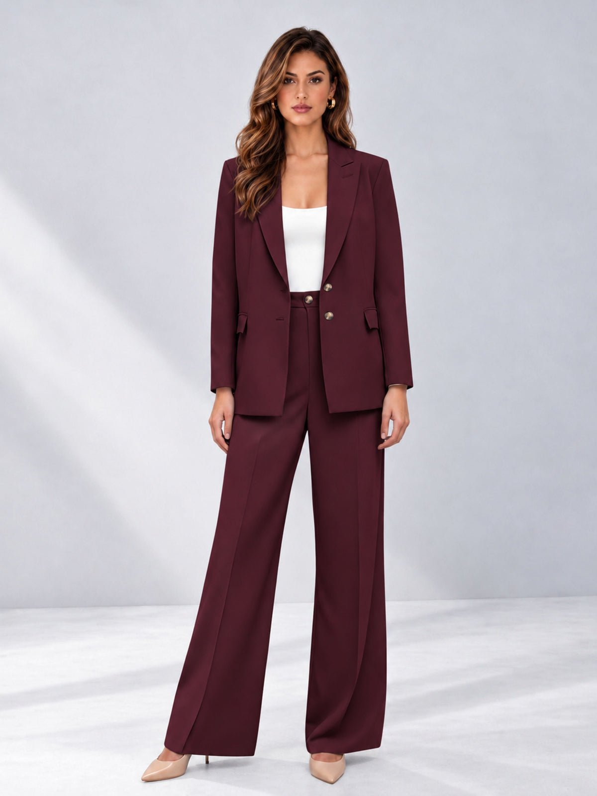 Burgundy 2 Pieces Wide-Leg Suit Women's Suits 