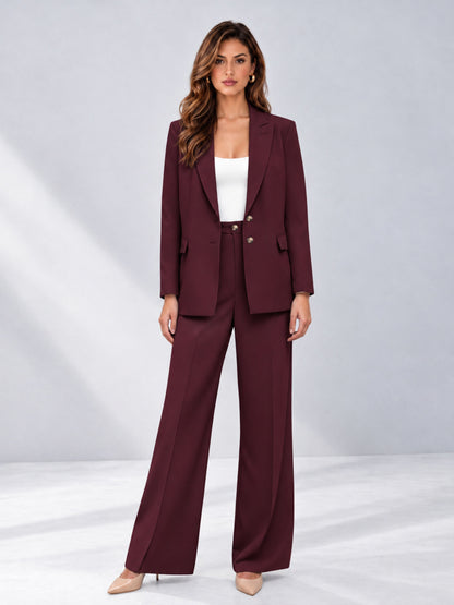 Burgundy 2 Pieces Wide-Leg Suit Women's Suits 