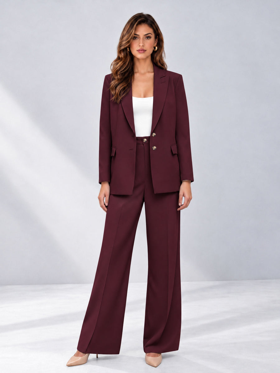 Burgundy 2 Pieces Wide-Leg Suit Women's Suits 