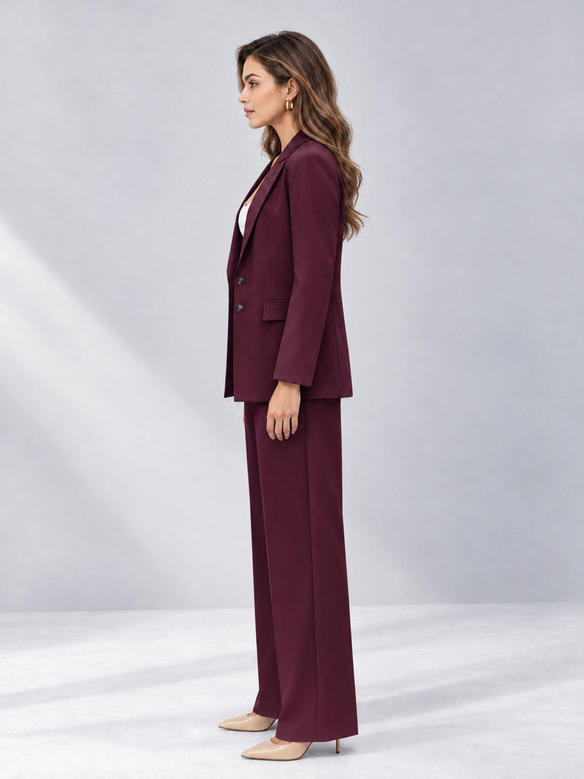 Burgundy 2 Pieces Wide-Leg Suit Women's Suits 