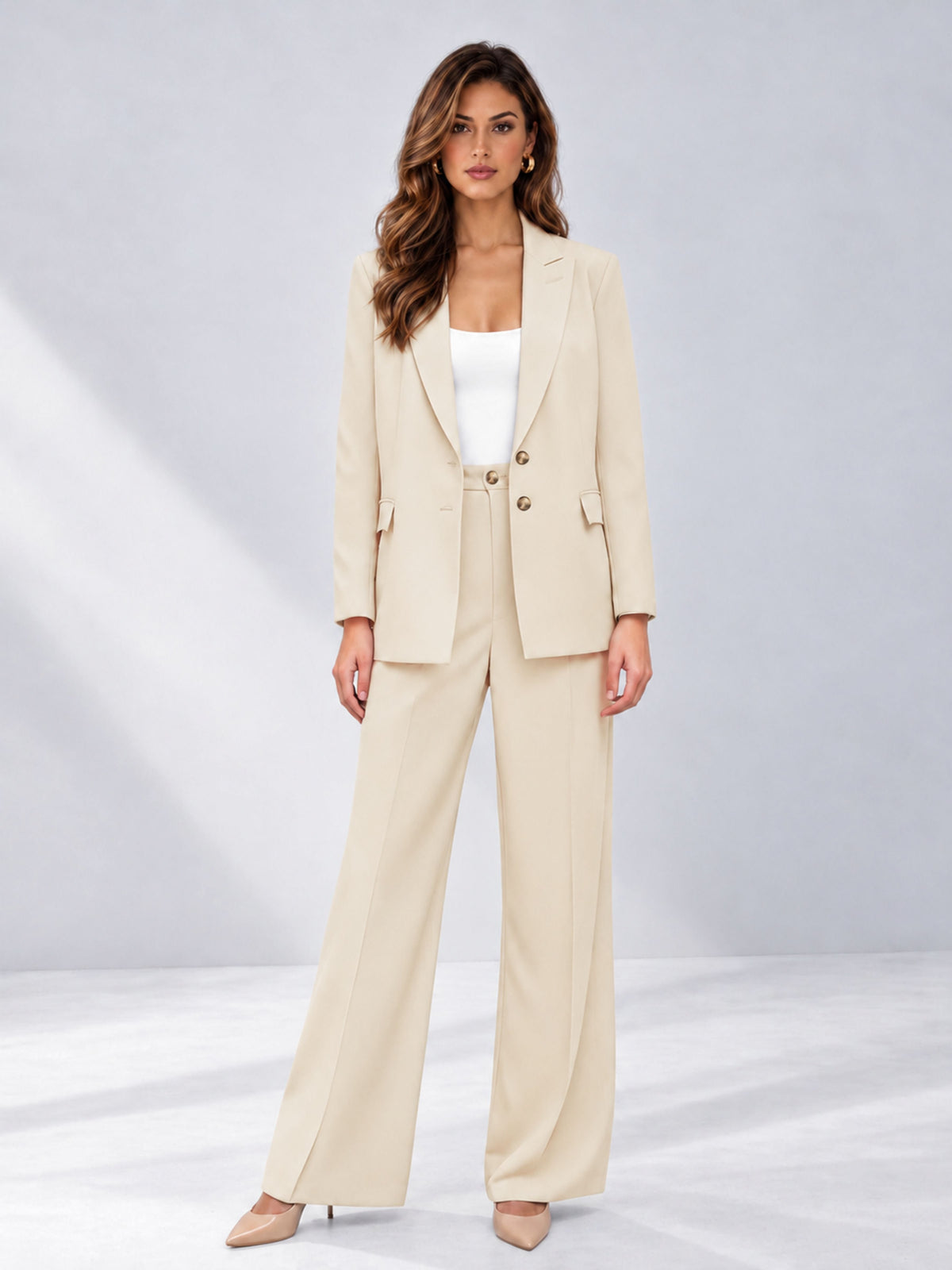 Cream 2 Pieces Wide-Leg Suit Women's Suits 