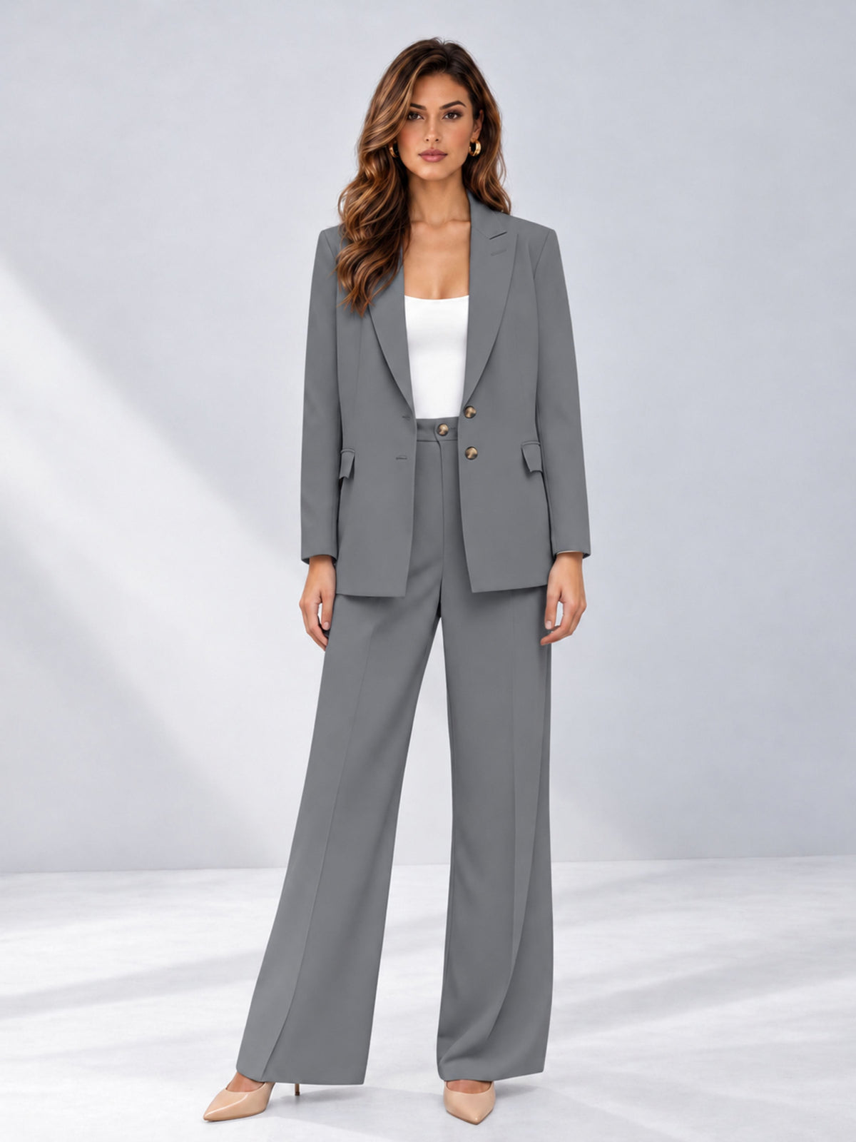 Gray 2 Pieces Wide-Leg Suit Women's Suits 