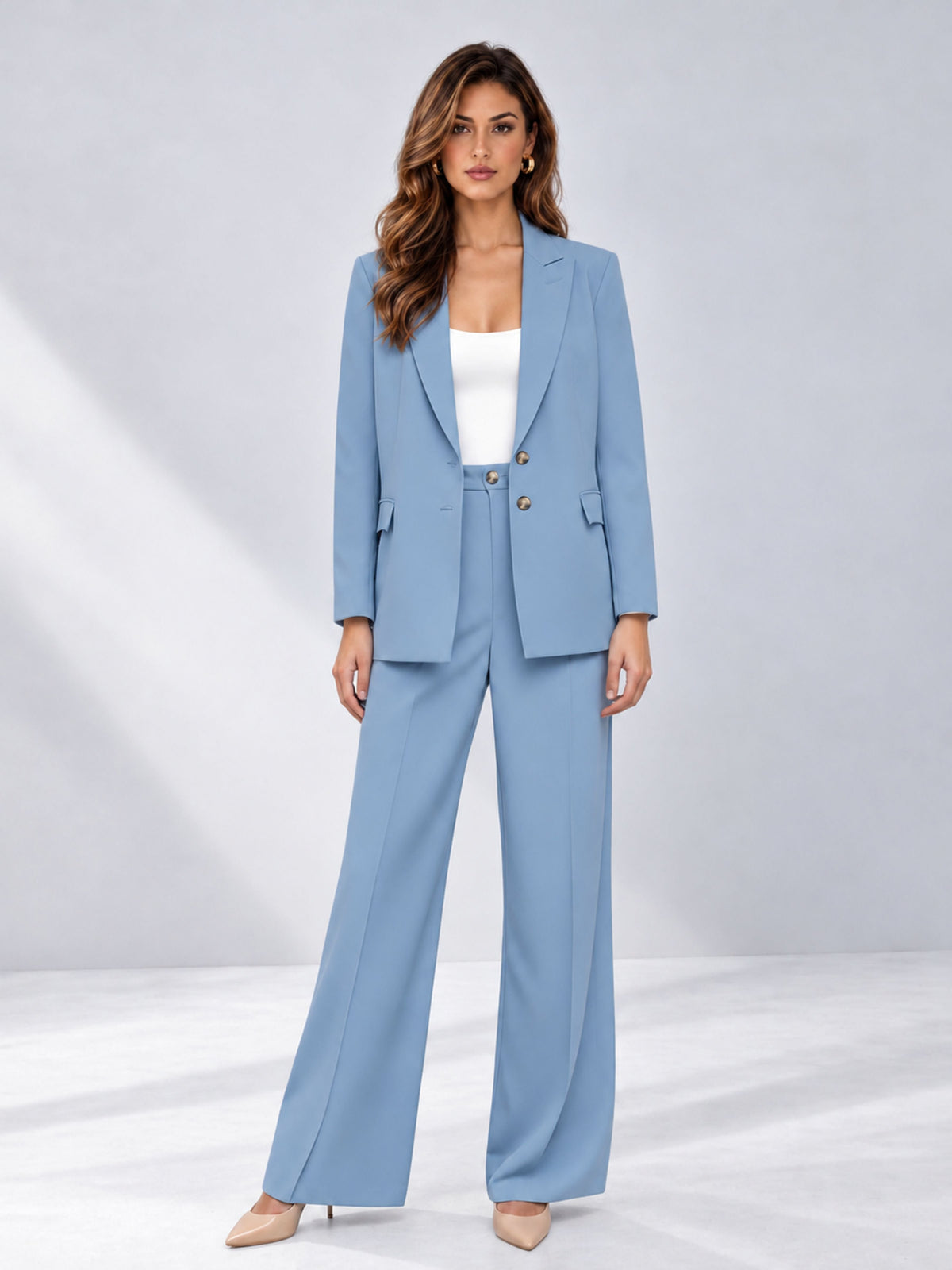 Light Blue 2 Pieces Wide-Leg Suit Women's Suits 
