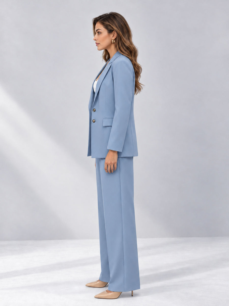 Light Blue 2 Pieces Wide-Leg Suit Women's Suits 